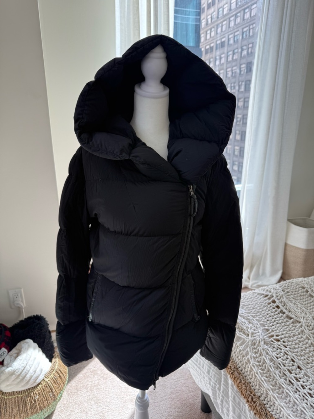 Mackage Black Hooded Down Puffer Jacket, small patched tear at bottom right.